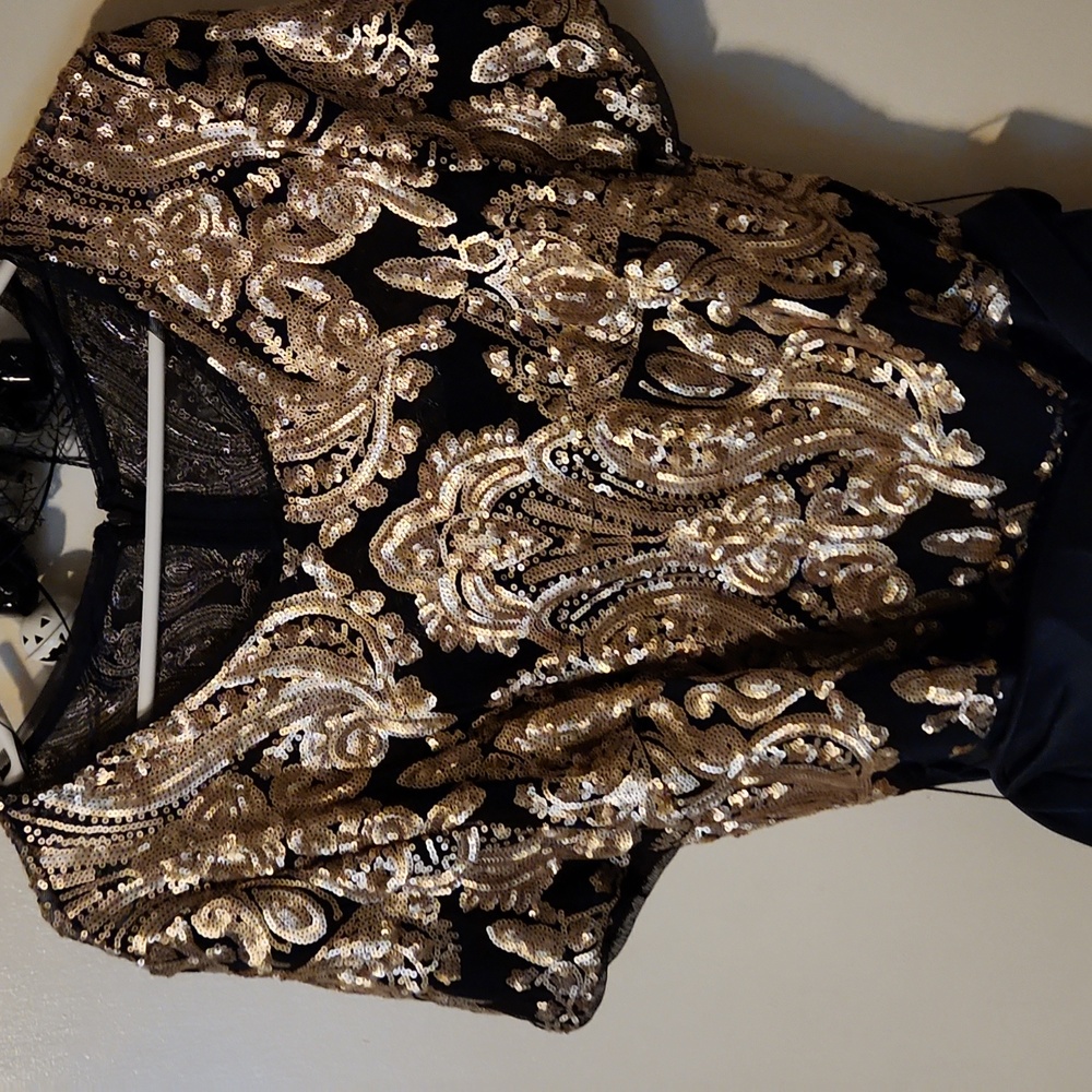 R&M Richards Black and Gold Embellished Blouse